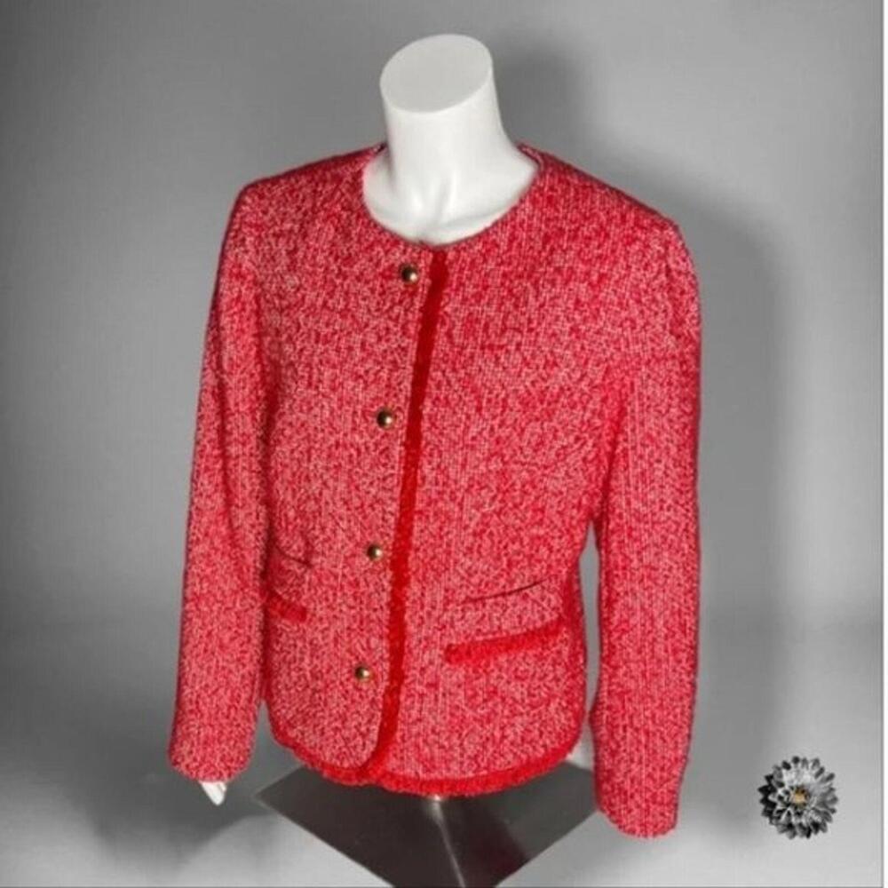 LKNW Red Tweed Fringe Blazer Jacket by Talbots Size  Beautiful 10 P - Picture 2 of 9